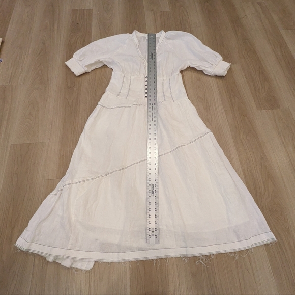 Anthropologie White Linen Puff Sleeve Low Cut Asymetrical Dress Size L - Picture 3 of 8
